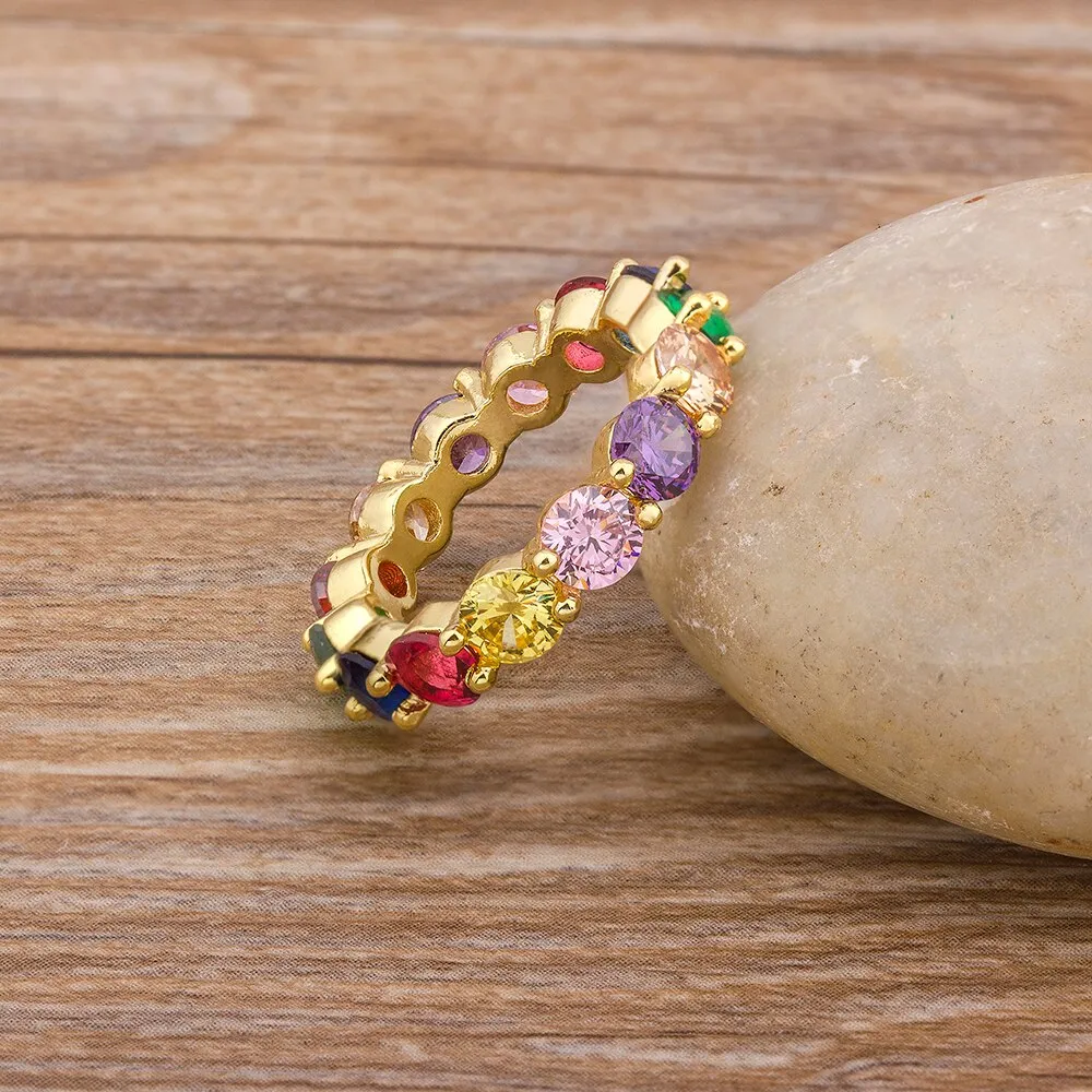 Fashion Dainty Colorful Zircon Eternity Round Finger Ring For Women