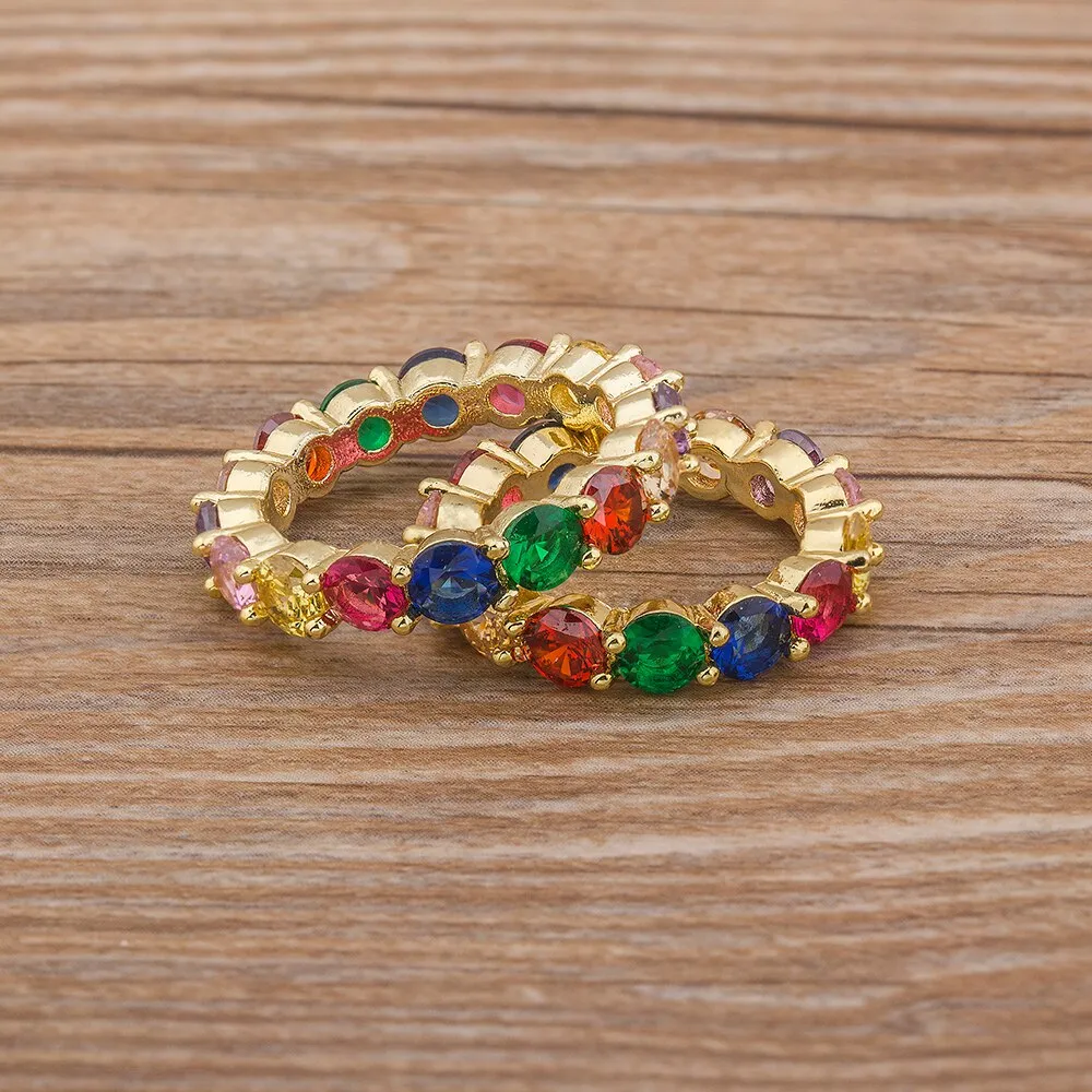 Fashion Dainty Colorful Zircon Eternity Round Finger Ring For Women