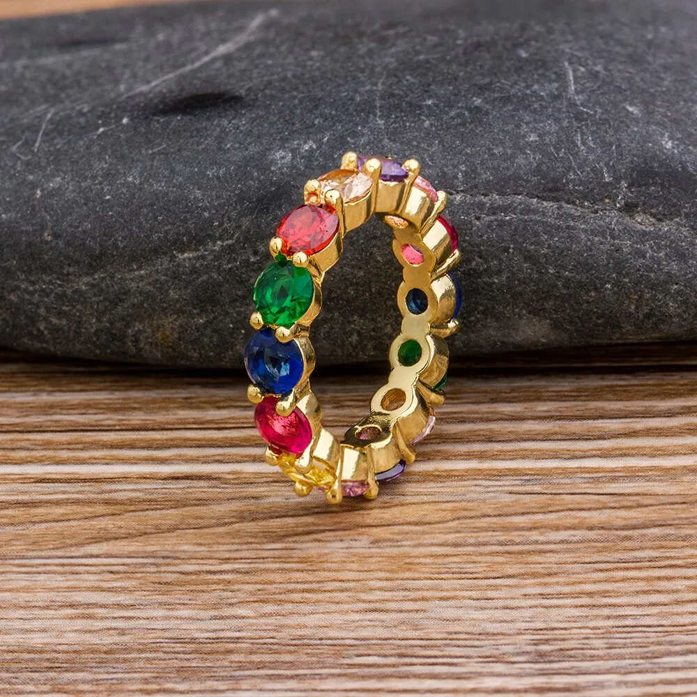 Fashion Dainty Colorful Zircon Eternity Round Finger Ring For Women