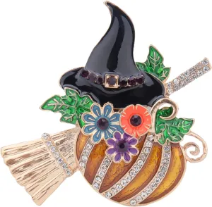 Fashion Pumpkin Witch Hat Brooch Pin for Women Enamel Broom Gold Plated Rhinestone Halloween Brooch Pin Costume Accessories Men Women Holiday Party Jewellery Gifts
