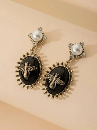 Fauna - Gold bee black resin statement earrings with pearl| style pearl rhinestone earrings | rhinestone dangle oversize earrings