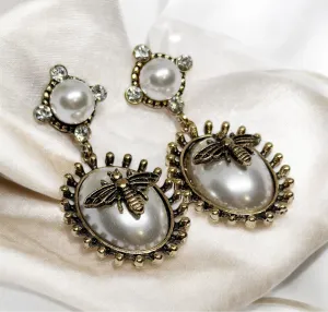 Fauna - Gold bee black resin statement earrings with pearl| style pearl rhinestone earrings | rhinestone dangle oversize earrings