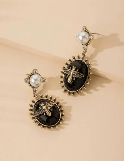 Fauna - Gold bee black resin statement earrings with pearl| style pearl rhinestone earrings | rhinestone dangle oversize earrings