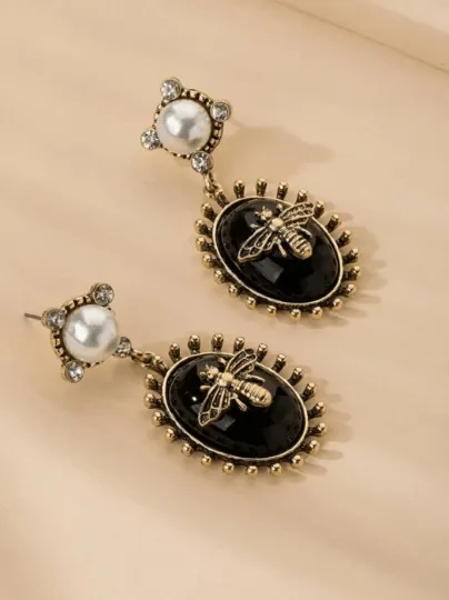 Fauna - Gold bee black resin statement earrings with pearl| style pearl rhinestone earrings | rhinestone dangle oversize earrings