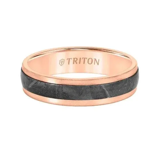 FIO Step Edge Meteorite Top Contemporary 14K Rose Gold Wedding Band - 5.5mm