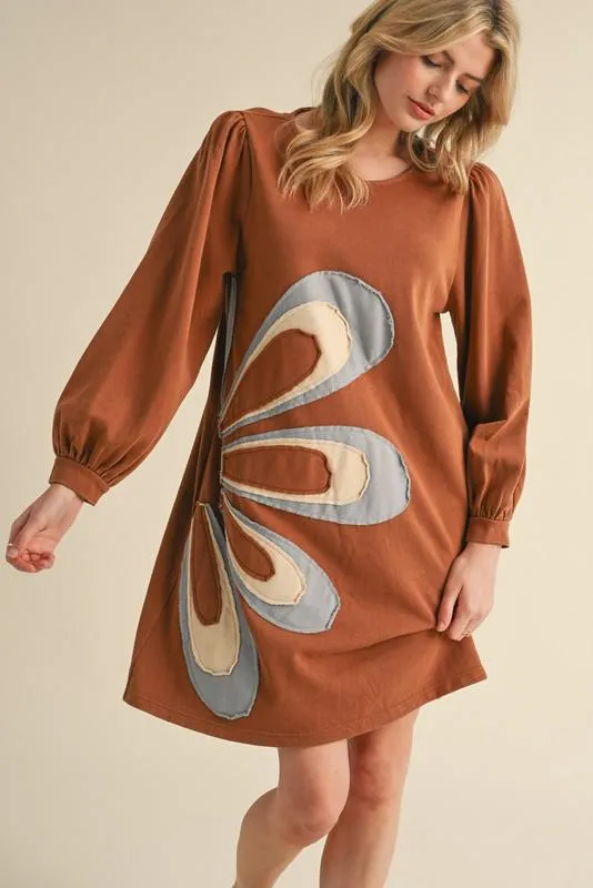 Floral Patch Dress with Pockets - Toffee