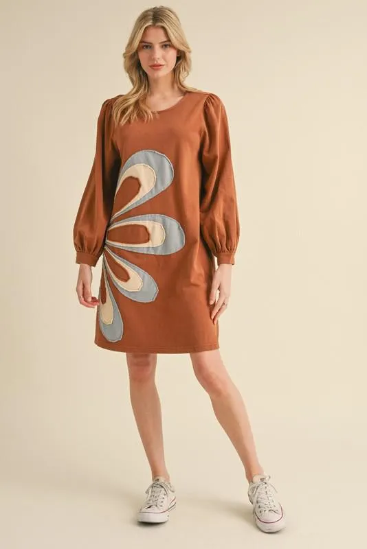 Floral Patch Dress with Pockets - Toffee