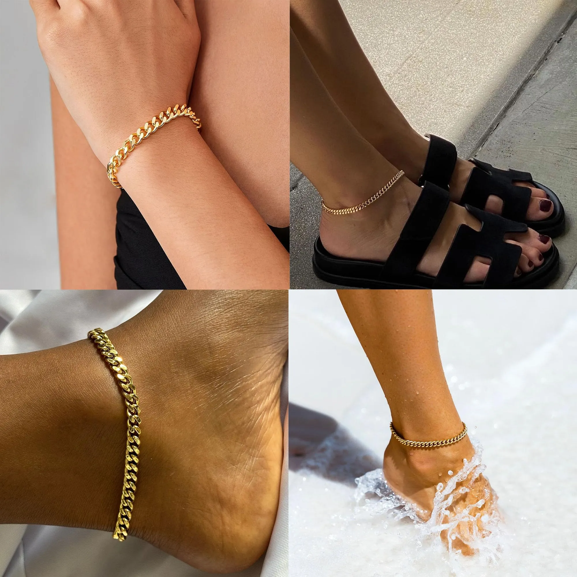 Foxgirl Gold Ankle Bracelets for Women 14K Gold Plated Anklets for Women Waterproof Minimalist Cuban Link Anklets Set Dainty Layered Ankle Bracelets Beach Anklets for Women Gold Anklet Jewelry Gifts