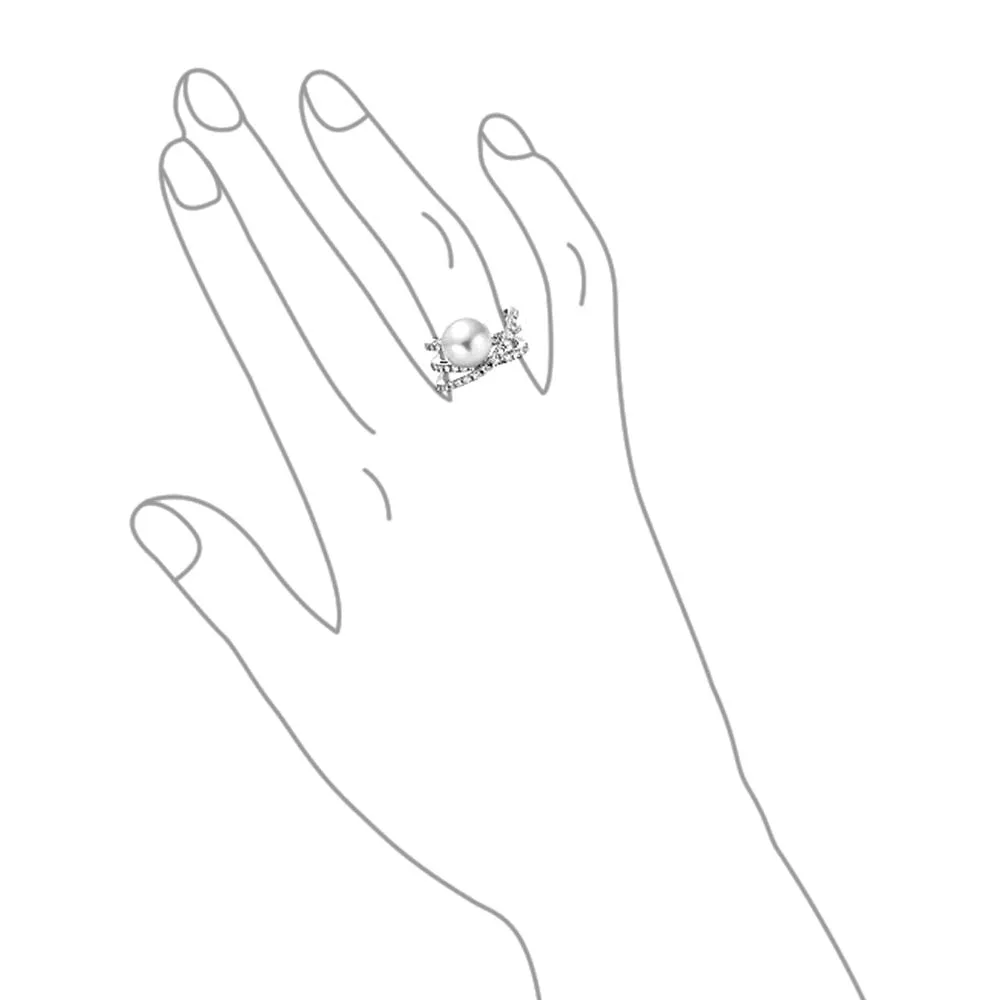 Geometric Criss Cross CZ Cocktail Statement Ring with Simulated Pearl Silver Plated