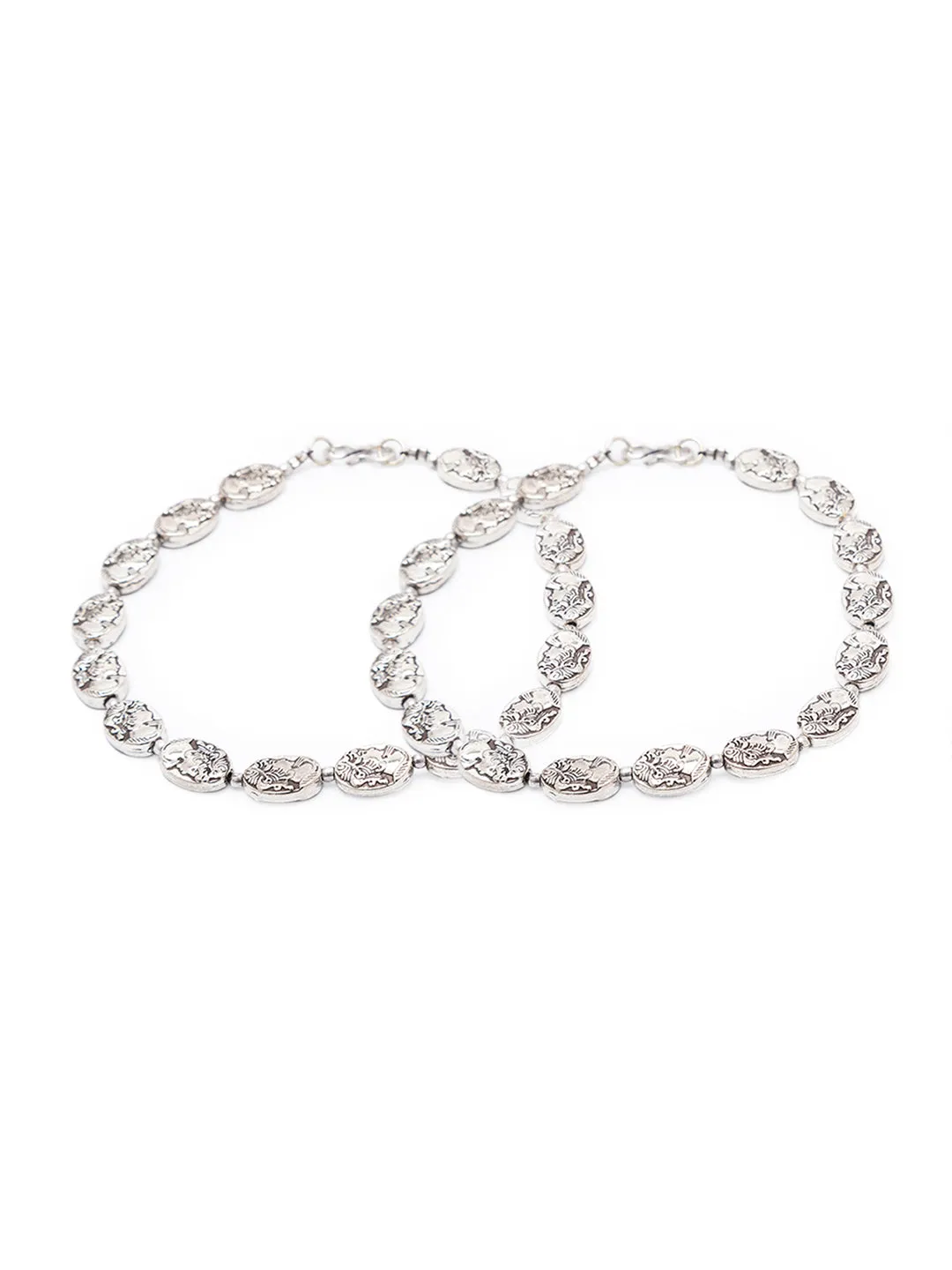 German Oxidised Silver Anklets Engraved Face Design Coins Payal Silver Plating & Beads Foot Jewellery