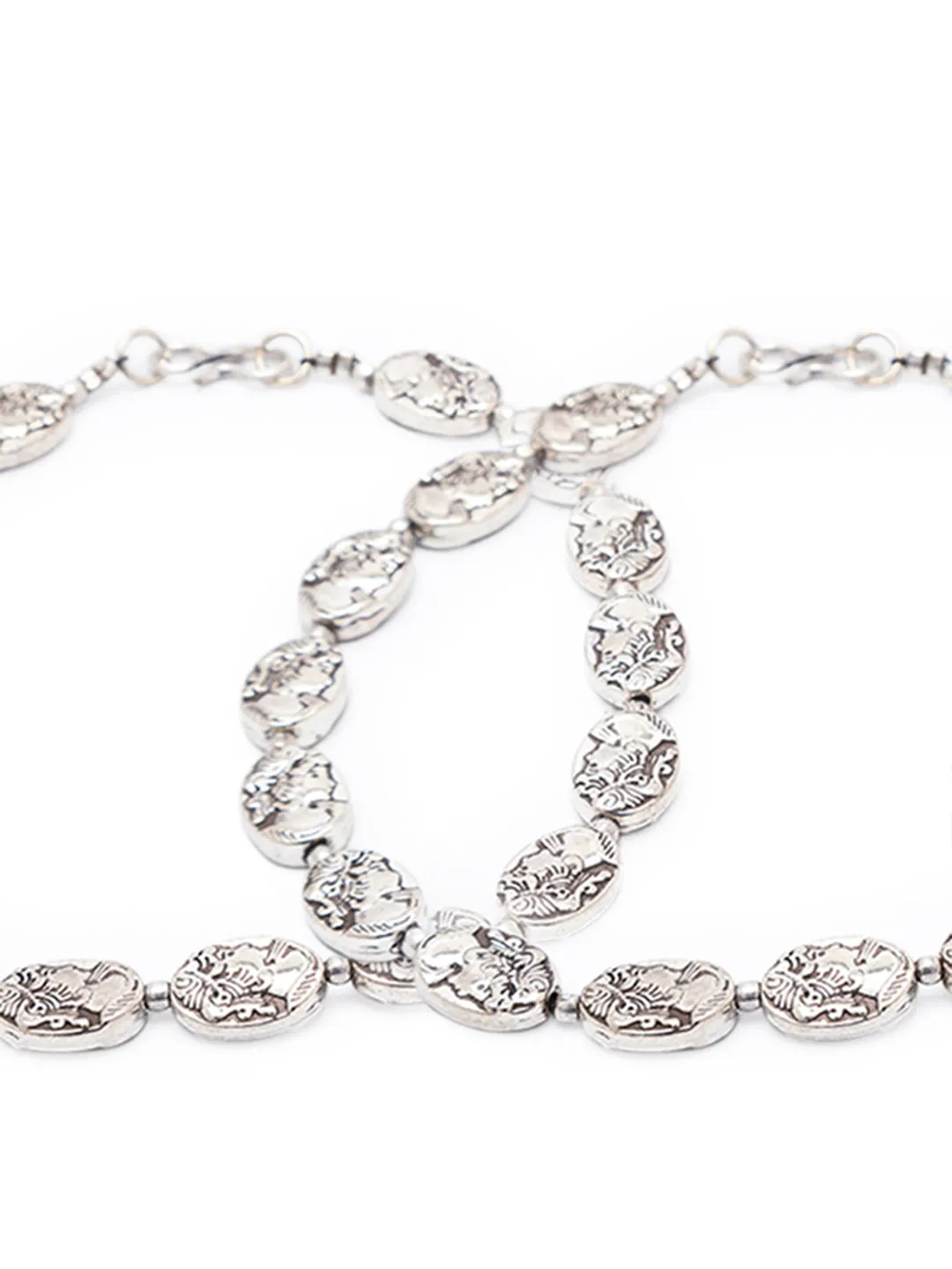German Oxidised Silver Anklets Engraved Face Design Coins Payal Silver Plating & Beads Foot Jewellery