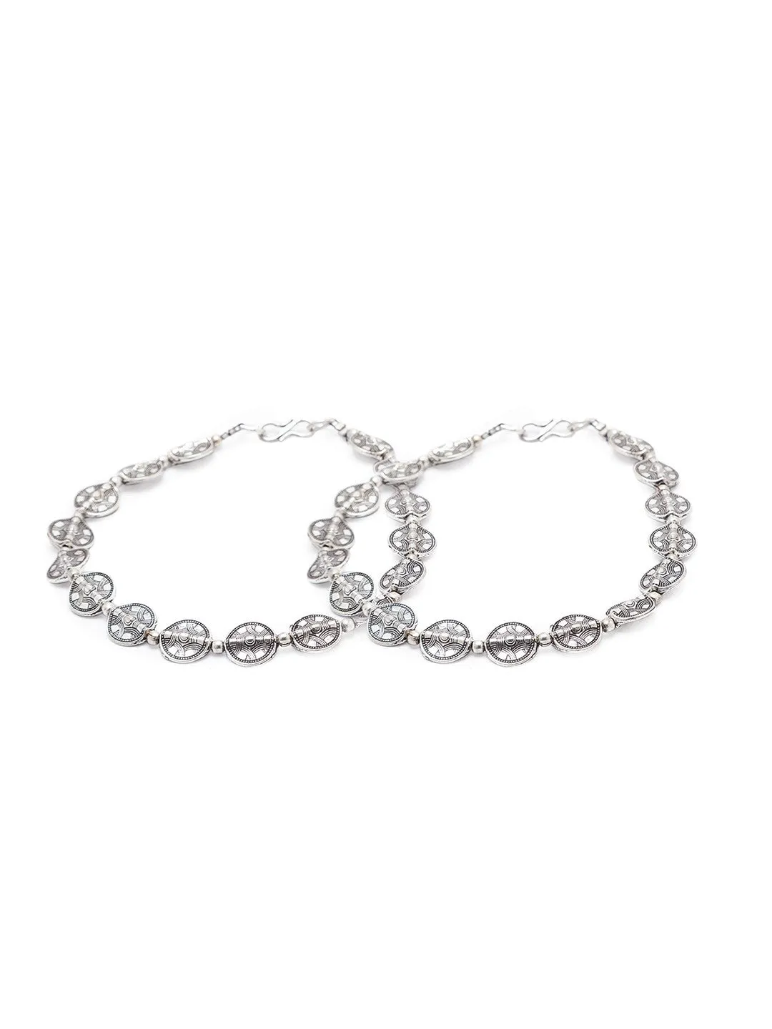 German Oxidised Silver Anklets Engraved Tribal Design Coins Payal Silver Plating & Beads Paijan