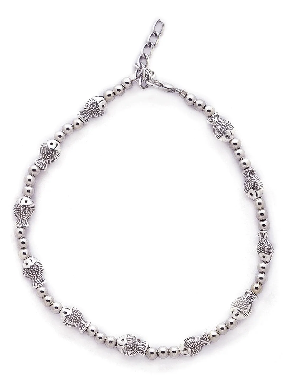 German Oxidised Silver Anklets Fish Design Silver Plating & Three Silver beads Paijan Foot Jewellery