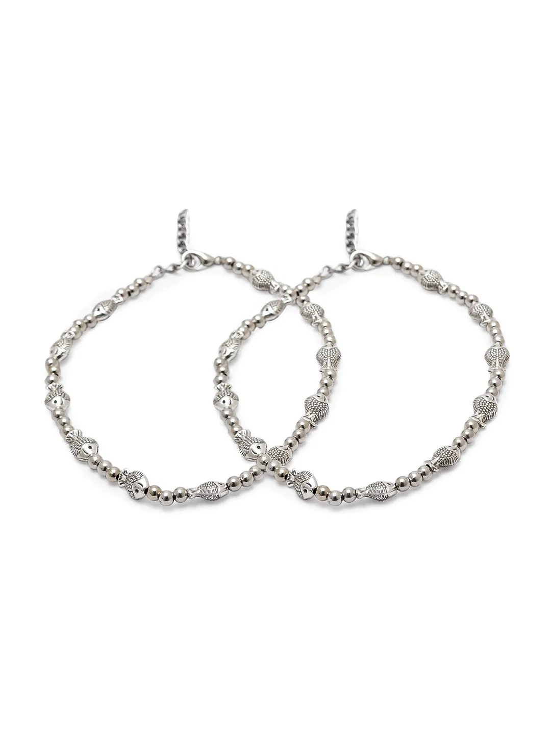 German Oxidised Silver Anklets Fish Design Silver Plating & Three Silver beads Paijan Foot Jewellery