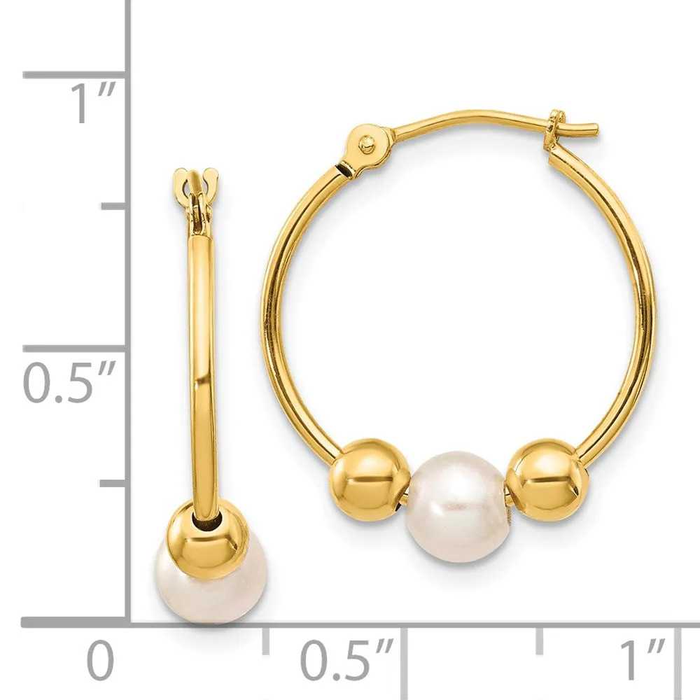 Gold 5-6mm White Semi-round Freshwater Cultured Pearl Polished Hoop Earring Model-XF446E
