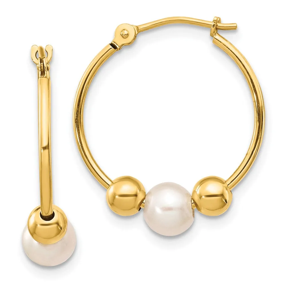 Gold 5-6mm White Semi-round Freshwater Cultured Pearl Polished Hoop Earring Model-XF446E