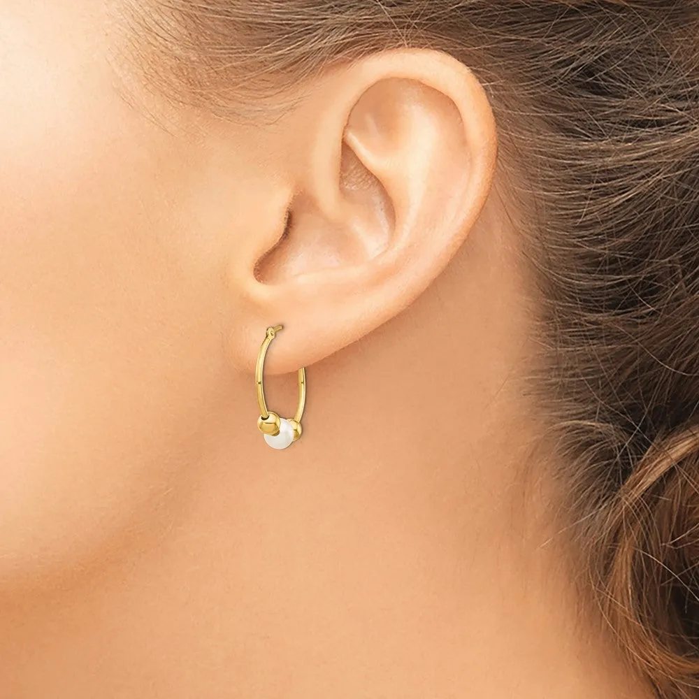 Gold 5-6mm White Semi-round Freshwater Cultured Pearl Polished Hoop Earring Model-XF446E