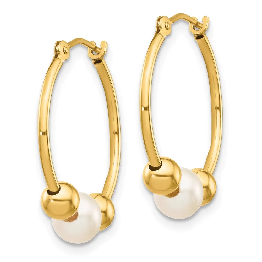 Gold 5-6mm White Semi-round Freshwater Cultured Pearl Polished Hoop Earring Model-XF446E