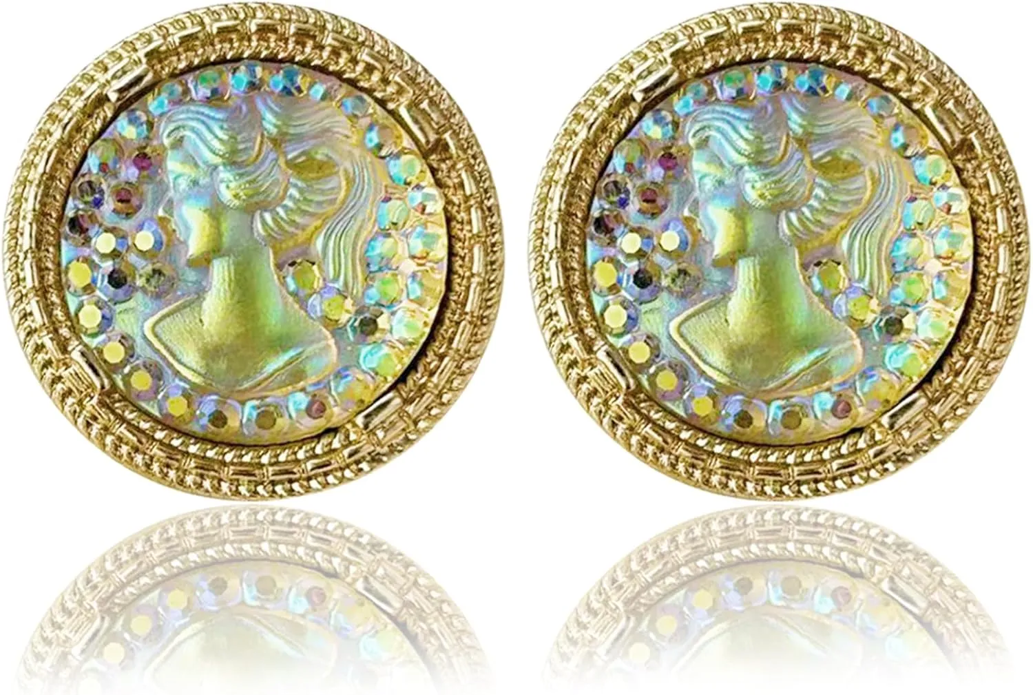 Gold Tone Sparkle Cameo Earrings, Vintage Jewelry Victorian Art Deco Antique Retro Style Cameo Stud Earrings Clip on Earrings