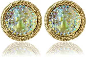 Gold Tone Sparkle Cameo Earrings, Vintage Jewelry Victorian Art Deco Antique Retro Style Cameo Stud Earrings Clip on Earrings