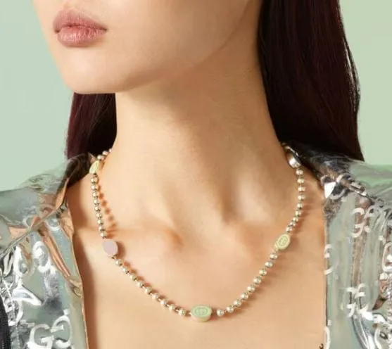GUCCI STERLING SILVER INTERLOCKING G MULTI-COLOR ENAMEL BOULE CHAIN NECKLACE