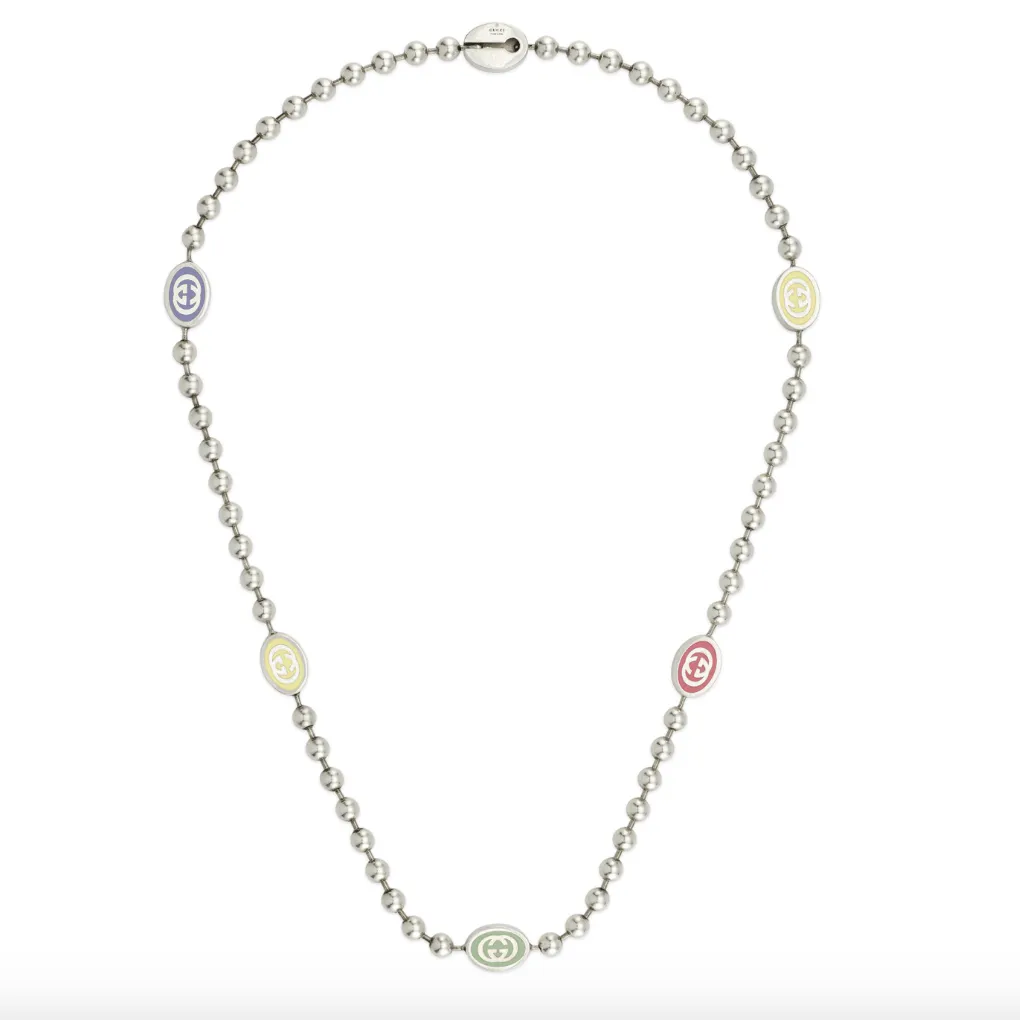 GUCCI STERLING SILVER INTERLOCKING G MULTI-COLOR ENAMEL BOULE CHAIN NECKLACE