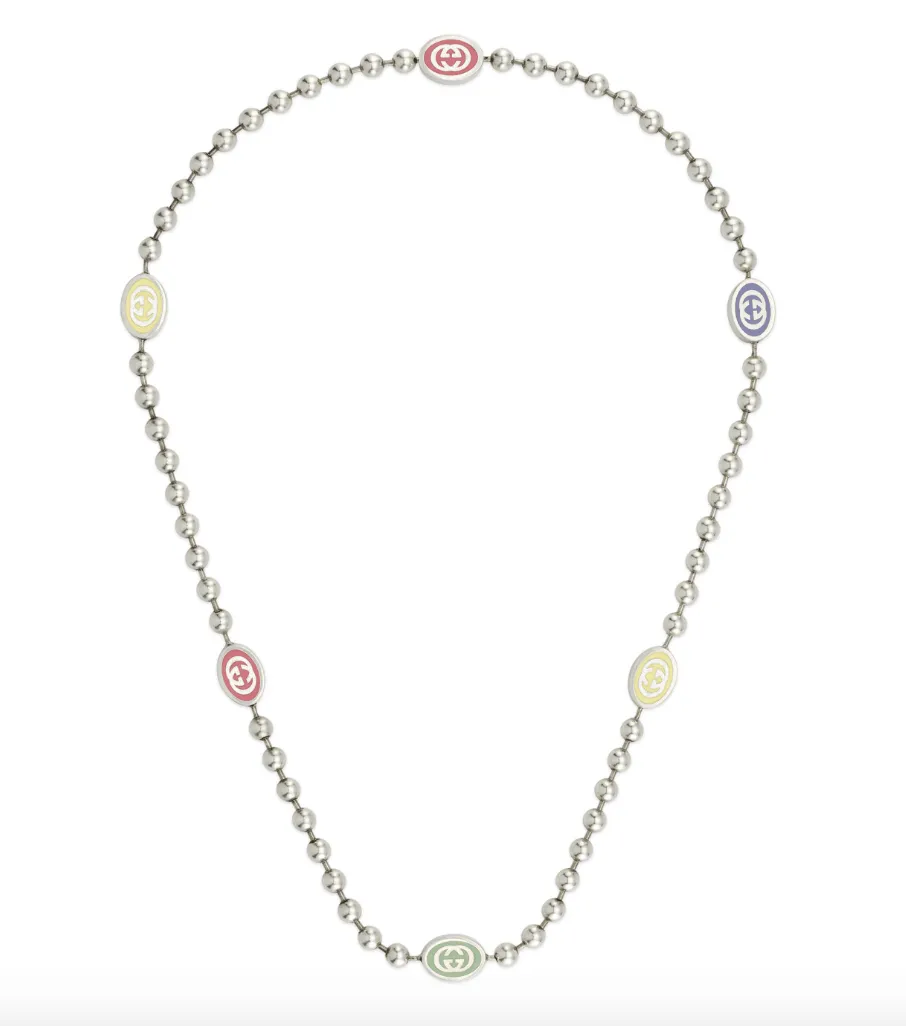GUCCI STERLING SILVER INTERLOCKING G MULTI-COLOR ENAMEL BOULE CHAIN NECKLACE
