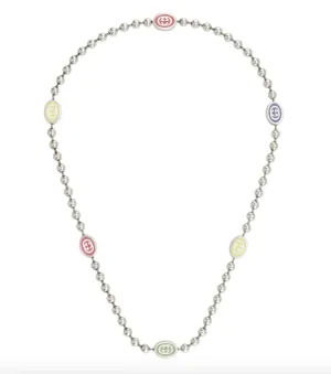 GUCCI STERLING SILVER INTERLOCKING G MULTI-COLOR ENAMEL BOULE CHAIN NECKLACE