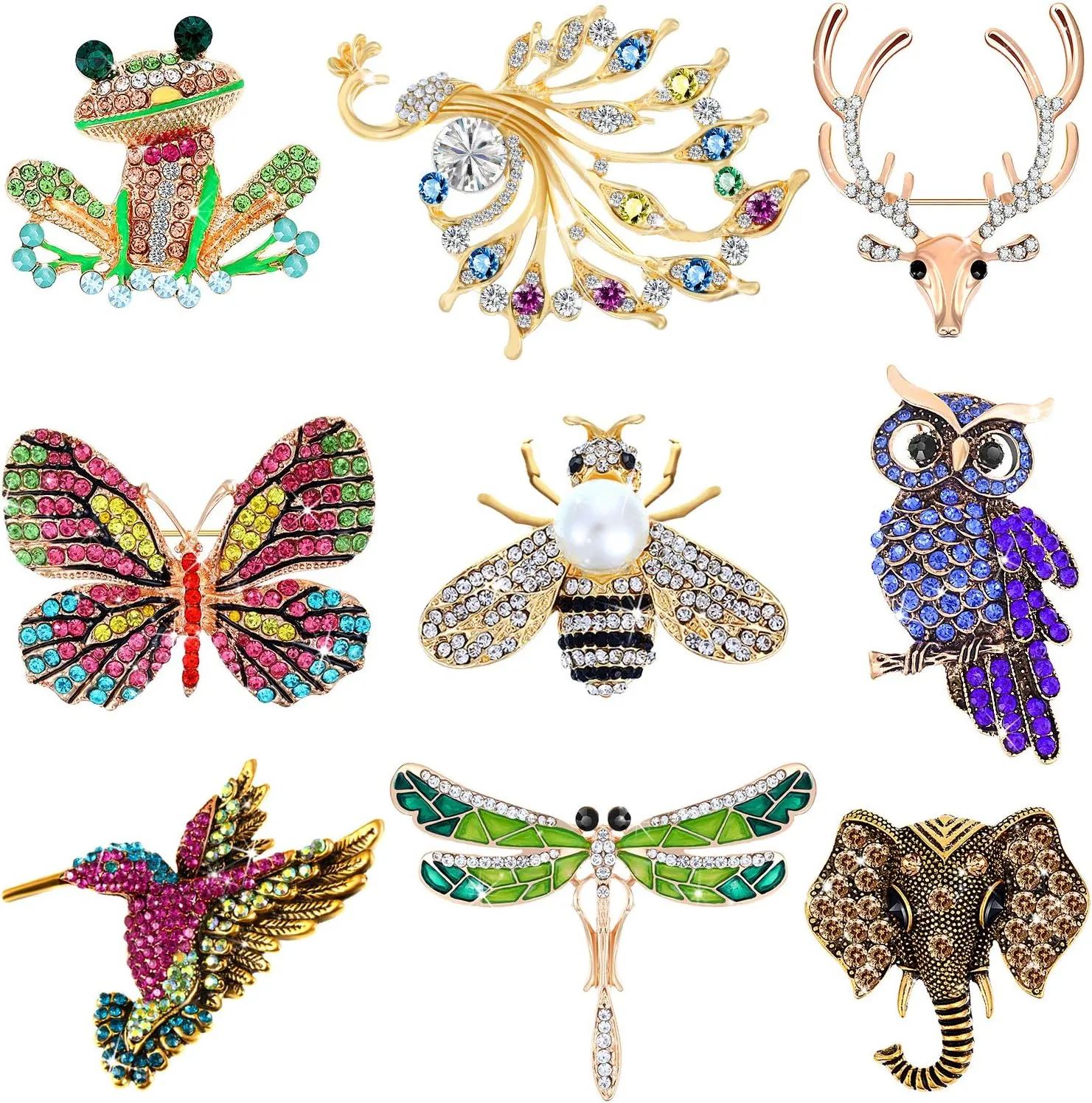 Hicarer 9 Pieces Women Brooches Pins Bulk Set Rhinestone Animal Insect Crystal Pins Butterfly Dragonfly Hummingbird Owl Peacock Brooch Pin for Women Girls Gifts, 9 Styles