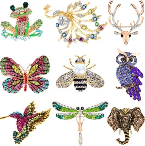 Hicarer 9 Pieces Women Brooches Pins Bulk Set Rhinestone Animal Insect Crystal Pins Butterfly Dragonfly Hummingbird Owl Peacock Brooch Pin for Women Girls Gifts, 9 Styles
