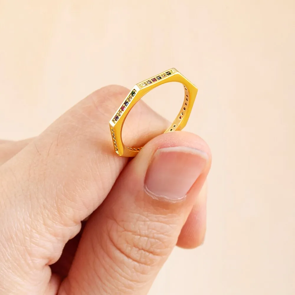 High Quality 6/7/8/9 Sizes Copper CZ Colorful Geometric Rings