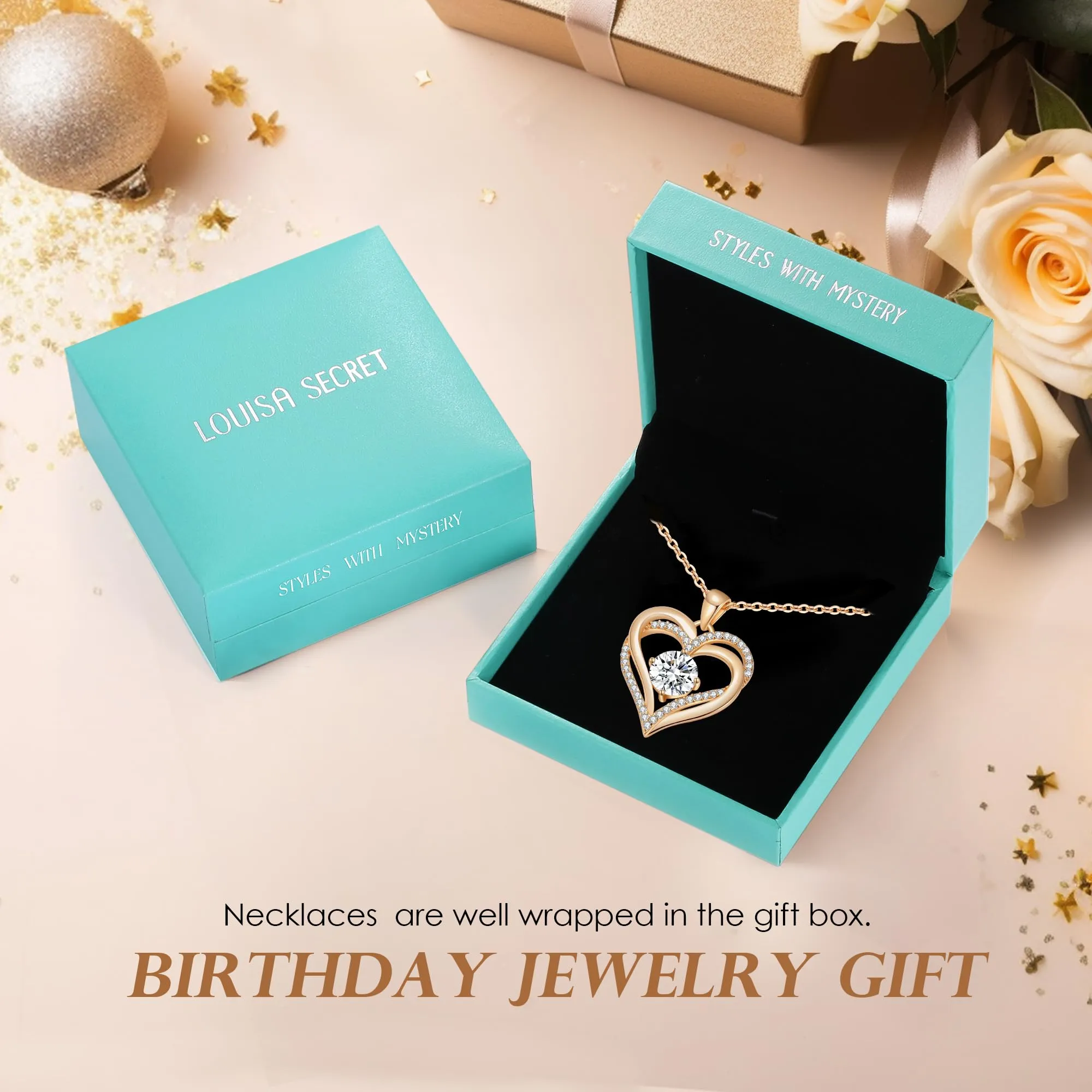 LOUISA SECRET Love Heart Birthstone Necklaces for Women, Birthday Gift for Women, Anniversary Jewelry Gift for Wife Her, 925 Sterling Silver Women Pendant Necklace, Christmas Valentine's Day Gift