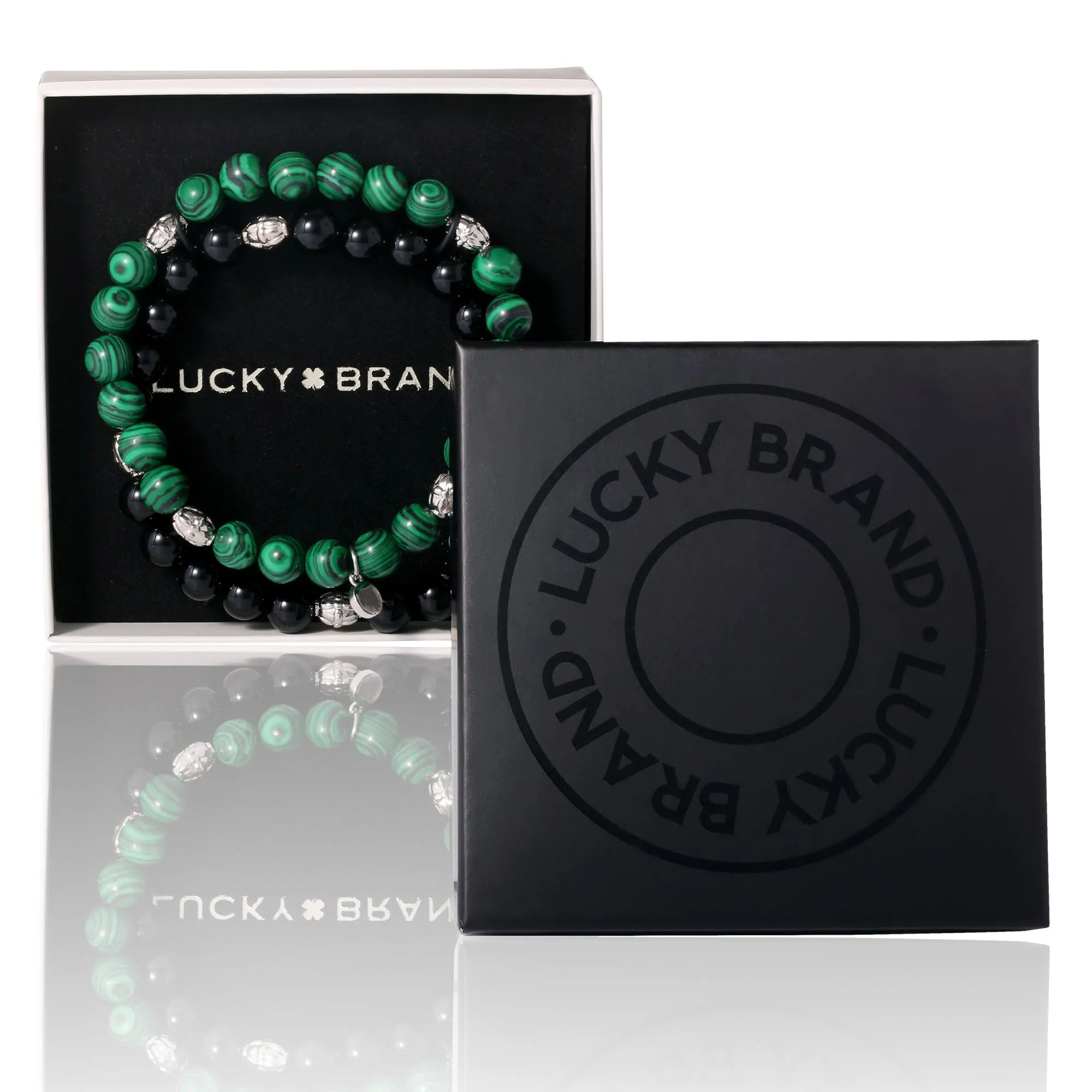 Lucky Brand Black and Green Beaded Stretch Bracelets - Two-Piece Natural Stone Set for Men