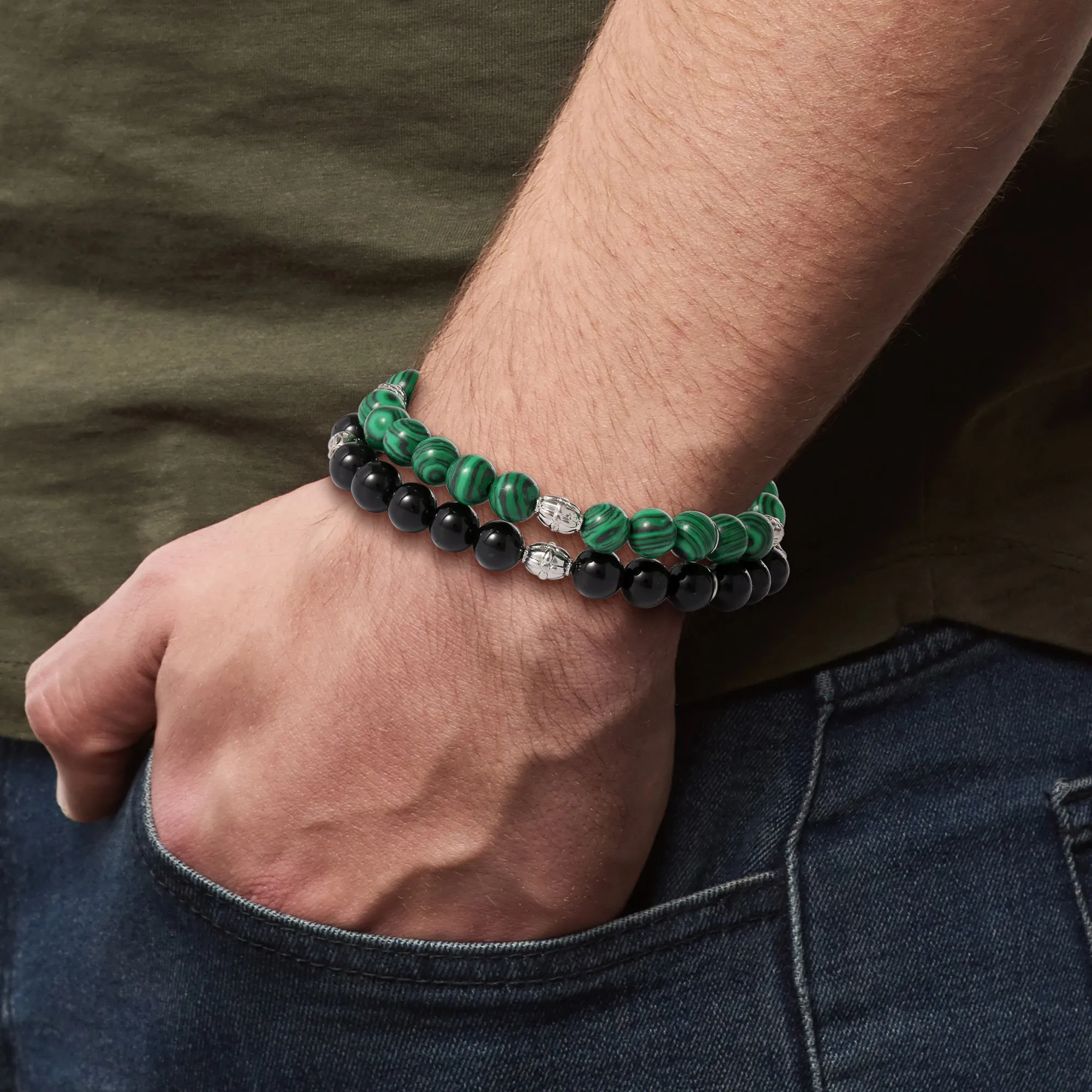 Lucky Brand Black and Green Beaded Stretch Bracelets - Two-Piece Natural Stone Set for Men