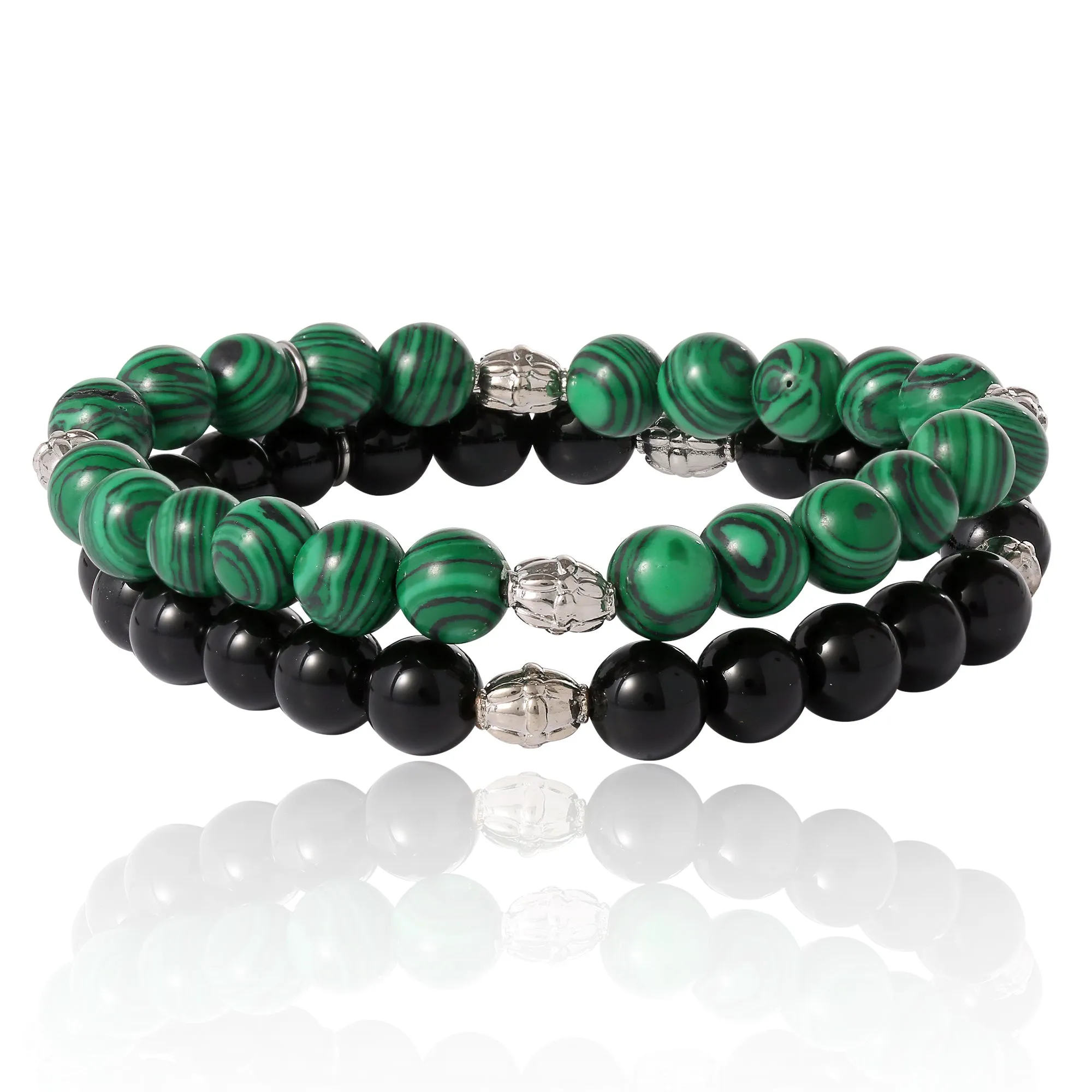 Lucky Brand Black and Green Beaded Stretch Bracelets - Two-Piece Natural Stone Set for Men