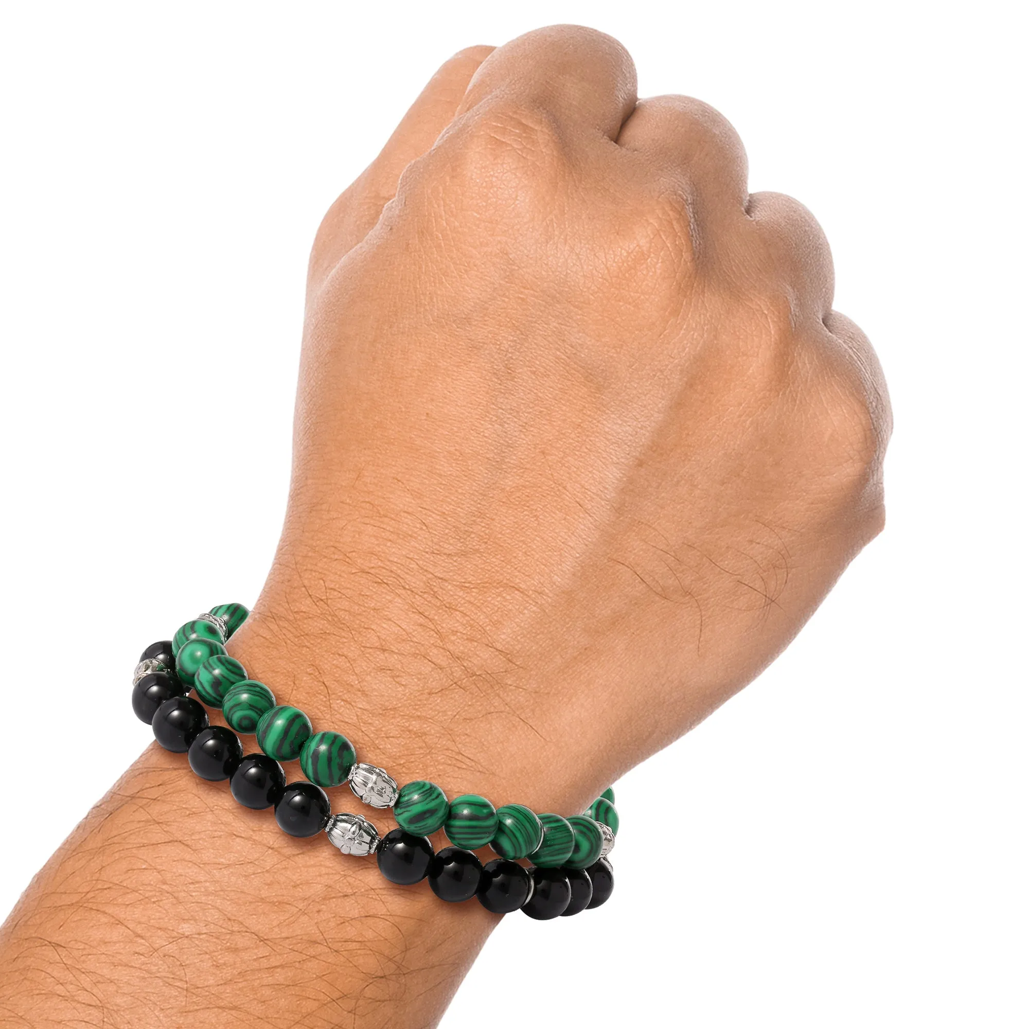 Lucky Brand Black and Green Beaded Stretch Bracelets - Two-Piece Natural Stone Set for Men