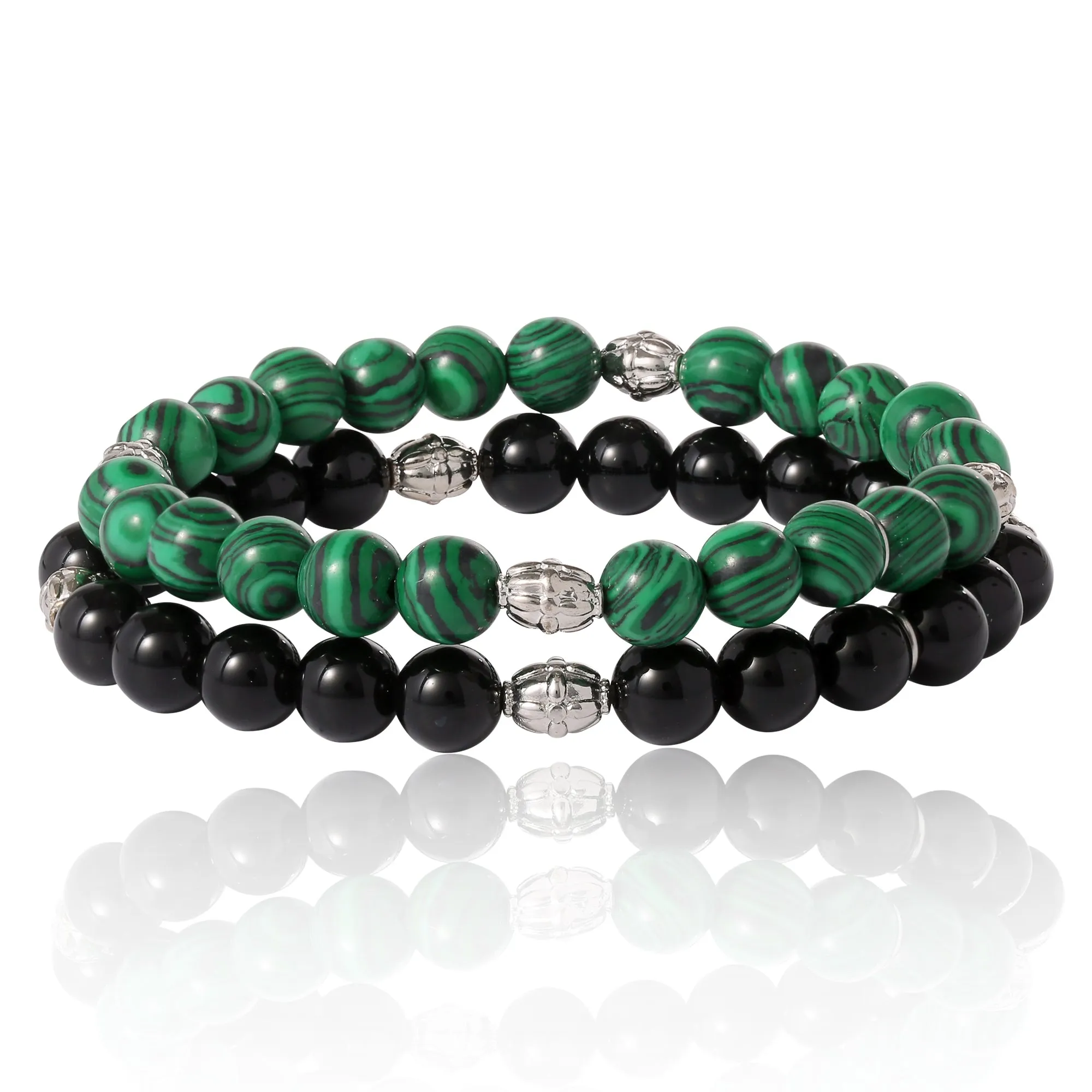 Lucky Brand Black and Green Beaded Stretch Bracelets - Two-Piece Natural Stone Set for Men