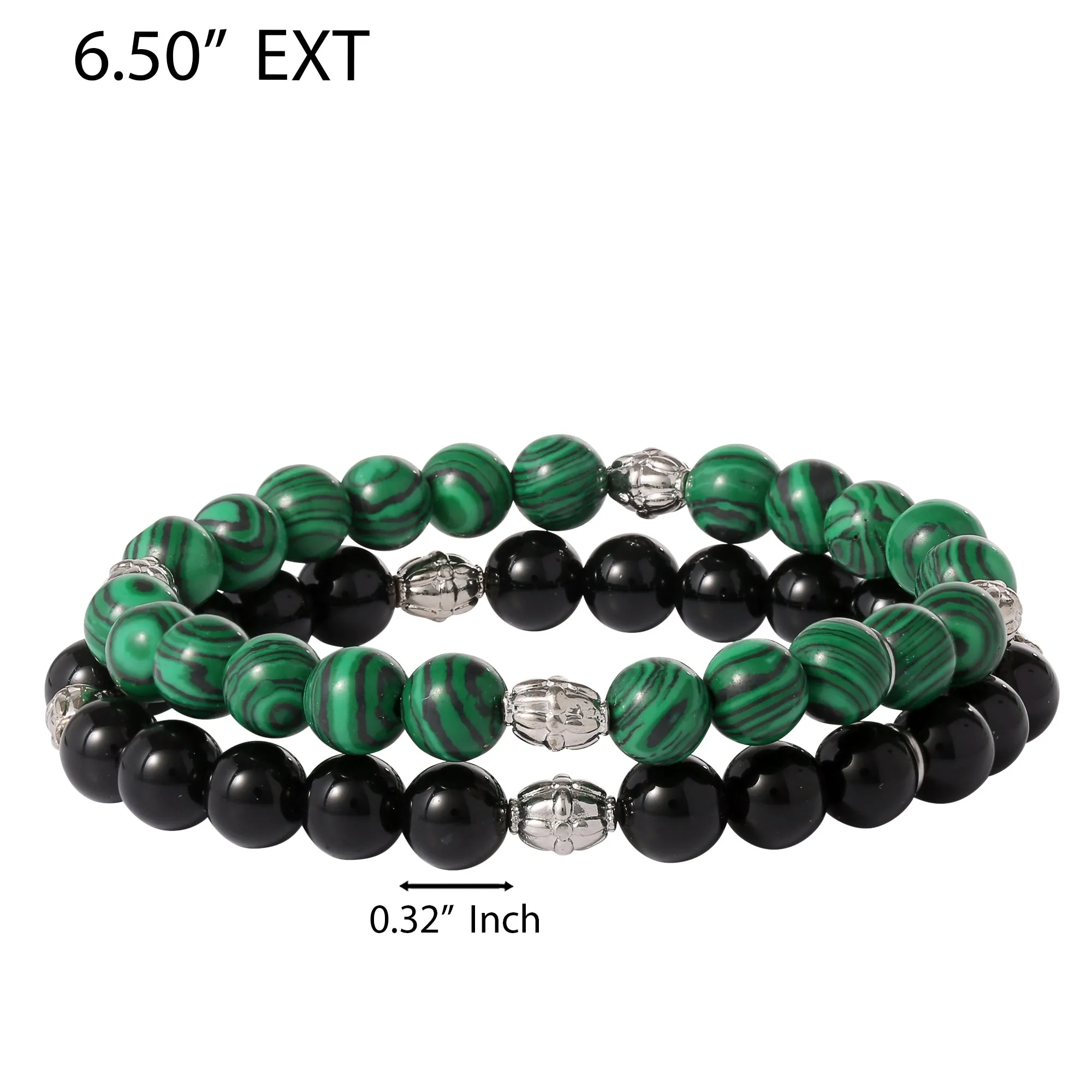 Lucky Brand Black and Green Beaded Stretch Bracelets - Two-Piece Natural Stone Set for Men