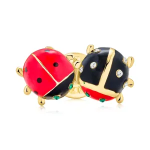 Lucky Ladybug Brooche Pin Red Black Gold Enamel with Green Eye Crystal Design