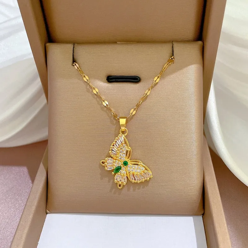 Luxury Green Pink Crystal Big Butterfly Necklace Zirconia Stylish Animal Necklace