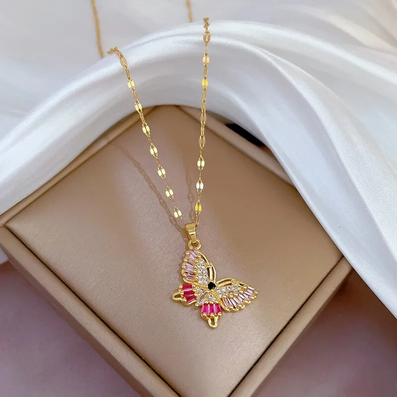 Luxury Green Pink Crystal Big Butterfly Necklace Zirconia Stylish Animal Necklace