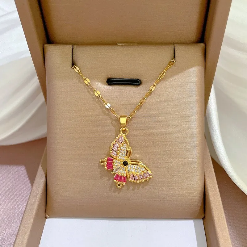 Luxury Green Pink Crystal Big Butterfly Necklace Zirconia Stylish Animal Necklace