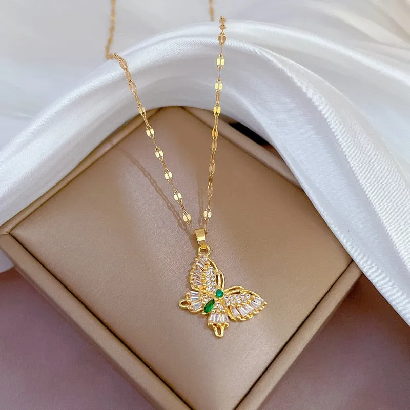 Luxury Green Pink Crystal Big Butterfly Necklace Zirconia Stylish Animal Necklace