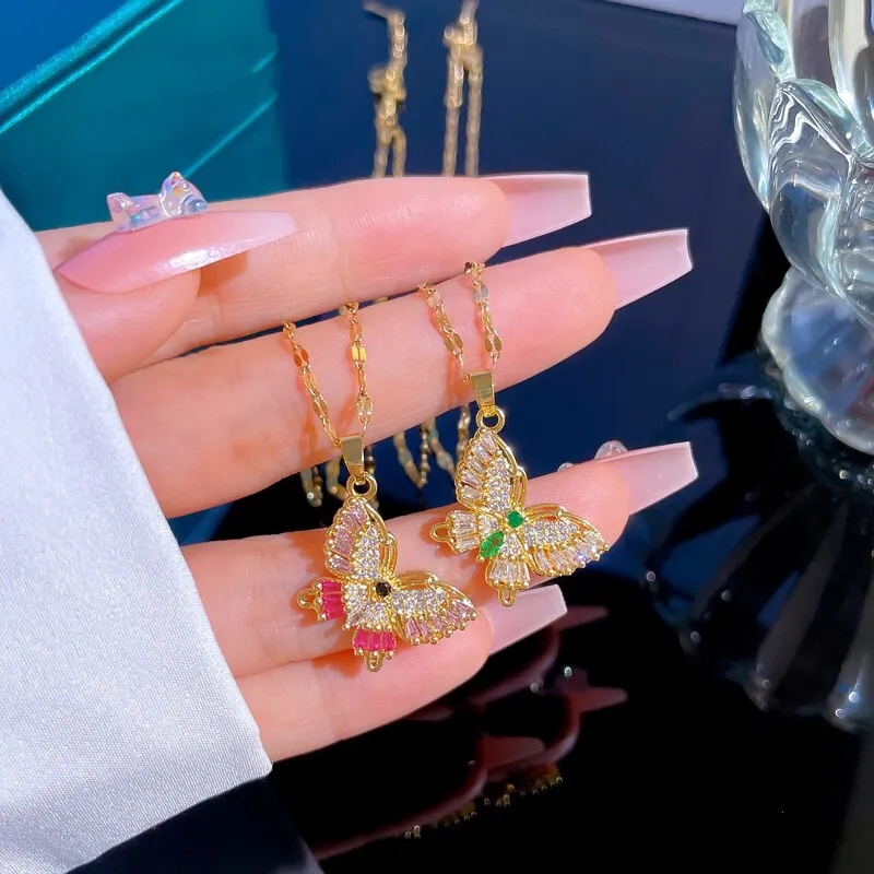 Luxury Green Pink Crystal Big Butterfly Necklace Zirconia Stylish Animal Necklace