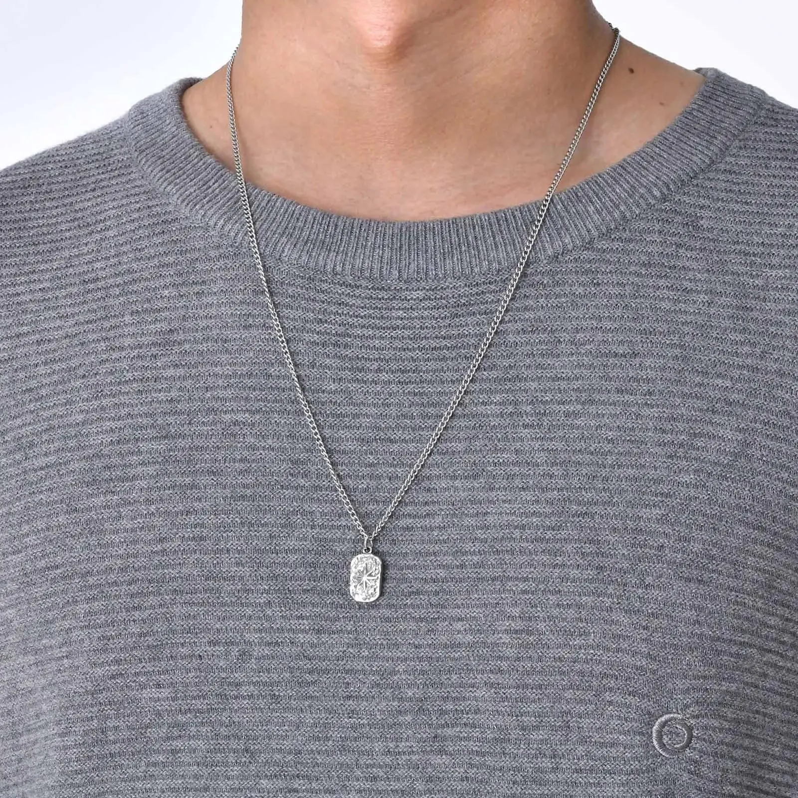 Mens Dog Tag Necklaces, Stylish Hammered Stainless Steel Eight Point Star Pendant Collar