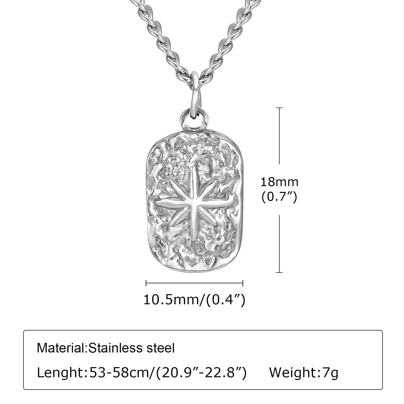 Mens Dog Tag Necklaces, Stylish Hammered Stainless Steel Eight Point Star Pendant Collar