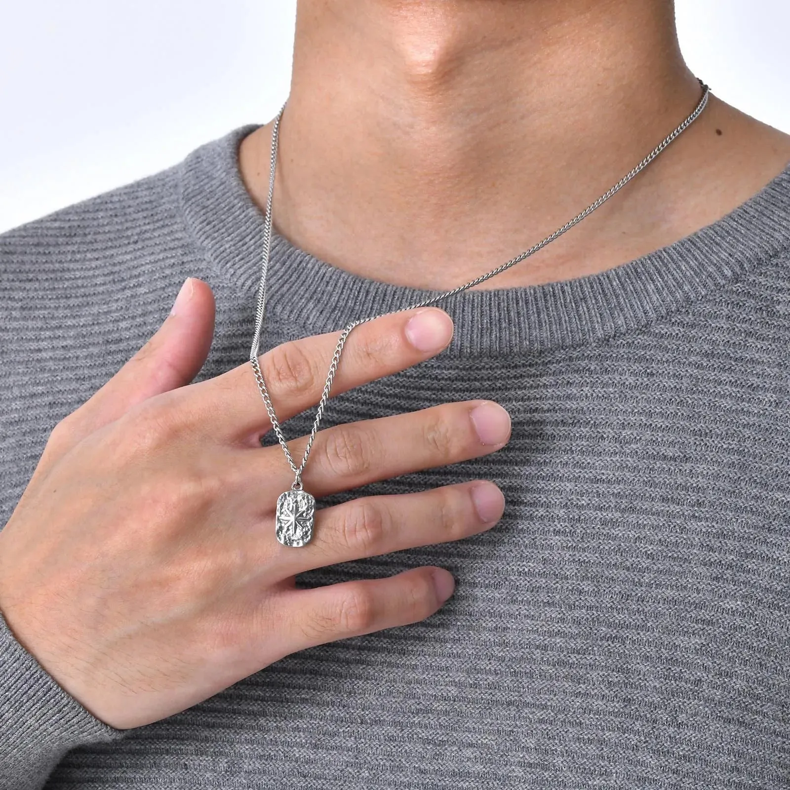 Mens Dog Tag Necklaces, Stylish Hammered Stainless Steel Eight Point Star Pendant Collar