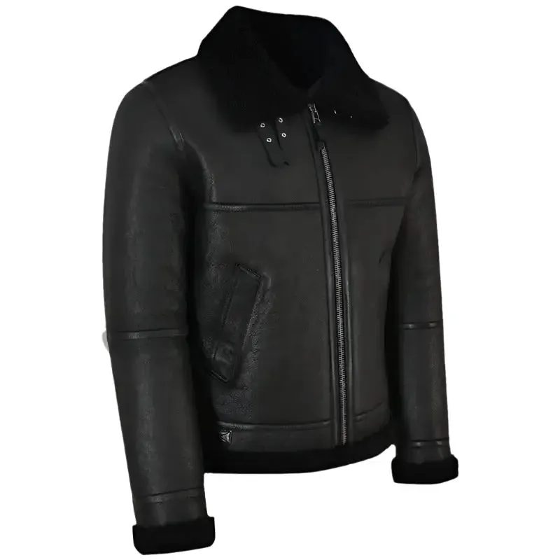 Men's Jet Black Shearling Leather Jacket Stylish & Cozy