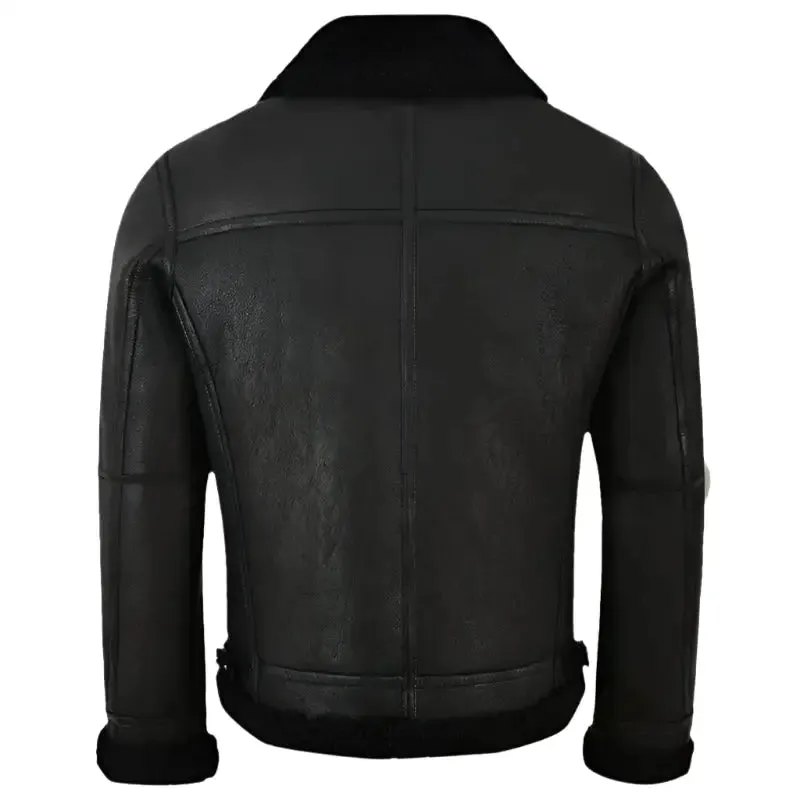 Men's Jet Black Shearling Leather Jacket Stylish & Cozy