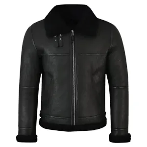 Men's Jet Black Shearling Leather Jacket Stylish & Cozy